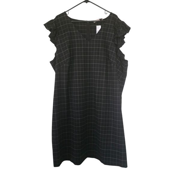 LOFT Plus 26 Black White Plaid Ruffle Sleeve V-Neck Dress Office Minimal Mature - Picture 1 of 7